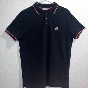[Moncler] Tricolor-Trimmed Cotton Piquet Polo Shirt (Black, L)